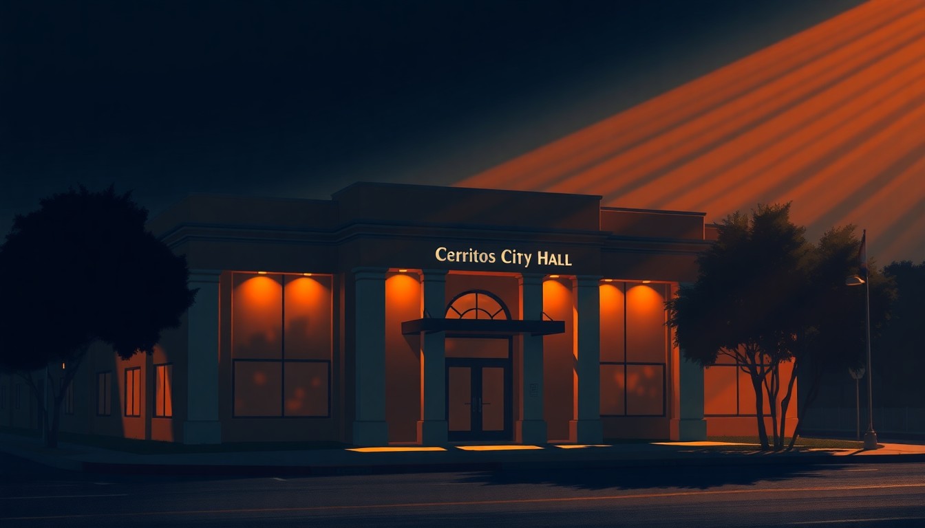 A warm, cinematic painting of a government building with a distinctive architectural style, bathed in diagonal sunlight and deep shadows, conveying a sense of civic pride and community.