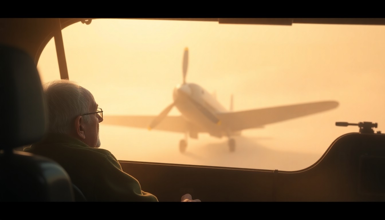 An extremely abstracted, out-of-focus photograph shot through condensation or rain-streaked glass, depicting the silhouette of an elderly veteran sitting in the cockpit of a vintage WWII aircraft, surrounded by a warm, dreamlike wash of golden light and color. The scene conveys a sense of nostalgia and the transformative power of reliving past experiences.