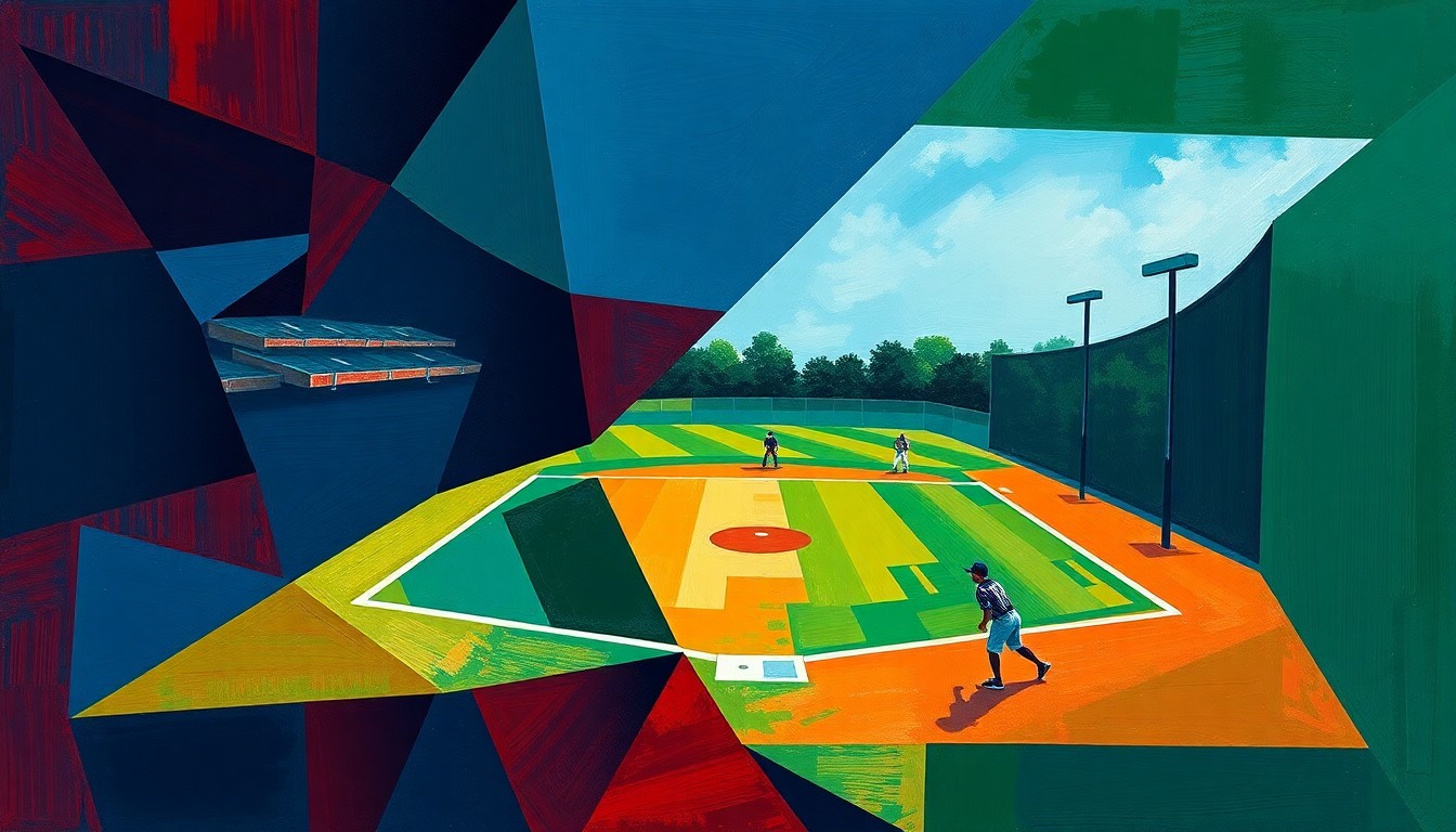 A fragmented, geometric painting in navy, crimson, and green hues, depicting the dynamic action and strategic tension of a high-stakes softball game.