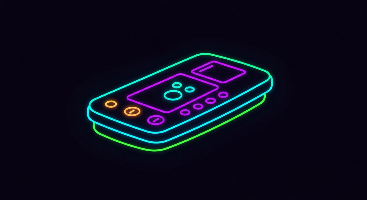 A glowing, neon outline of a compact, handheld wellness device against a dark background, conceptually representing Hewelth's consumer-focused product lineup.