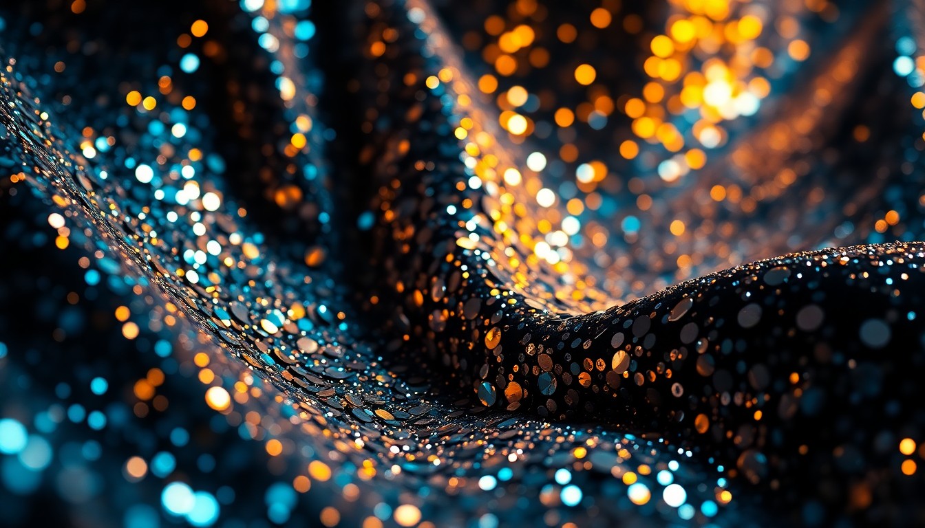 An extreme close-up of shimmering sequins and glittering disco glass, capturing the glamorous textures and high-contrast lighting of a music festival beauty experience.