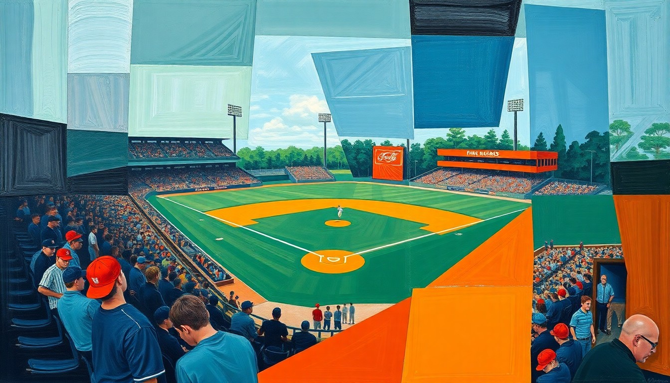 A fragmented, geometric painting depicting the dynamic motion and energy of a high school baseball game, with overlapping shapes and planes in shades of navy, green, and orange.