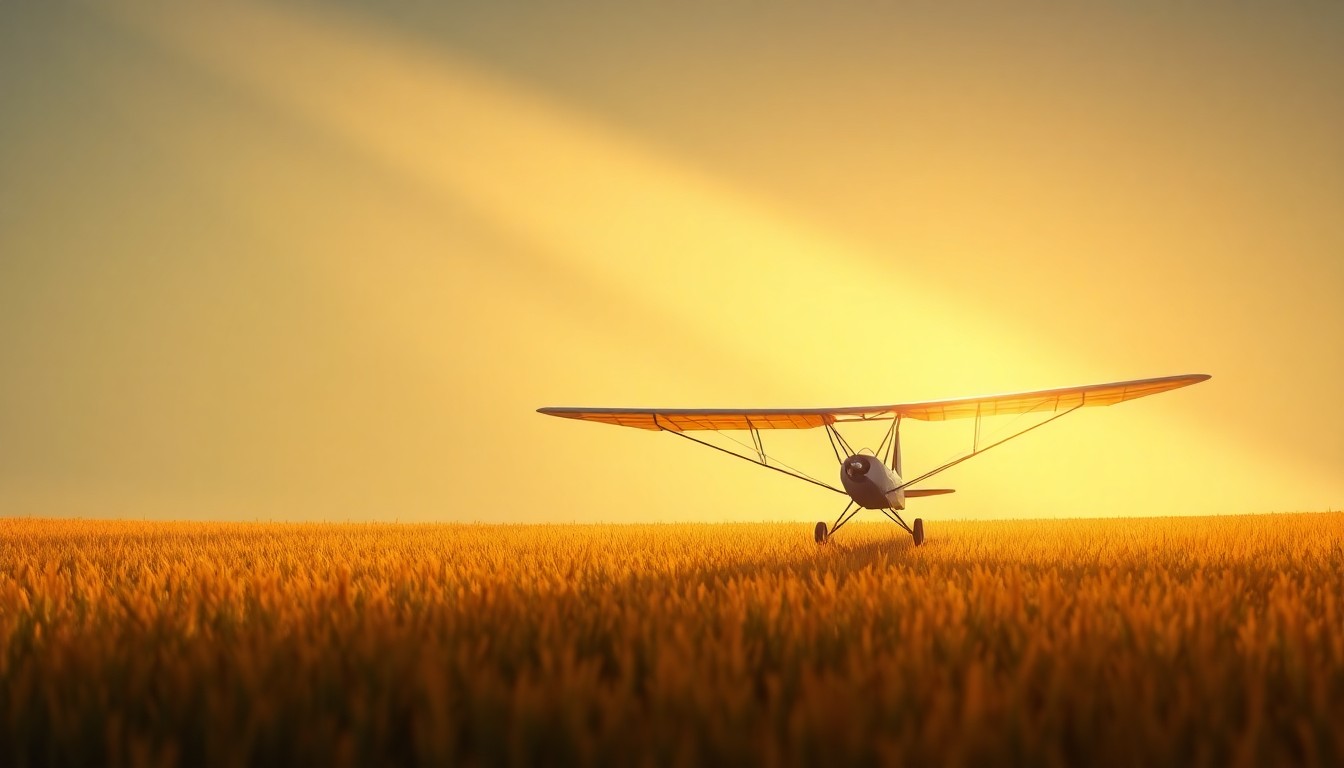 A serene oil painting depicting a single biplane glider resting in a grassy field, with warm sunlight casting long shadows across the landscape, conveying a sense of contemplation about the challenges of flight.