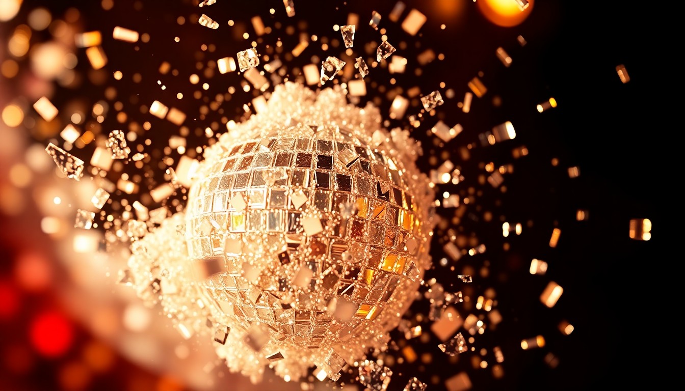 An extreme close-up photograph of shattered, glittering disco ball fragments in dramatic high-contrast studio lighting, conveying the glamour and drama of reality television.