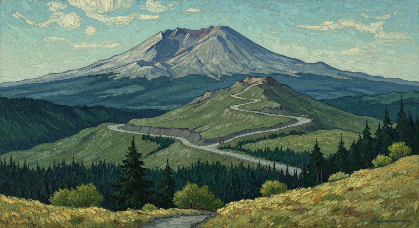A sweeping landscape painting in the style of Vincent Van Gogh, depicting the iconic volcanic peak of Mount St. Helens rising in the distance, with the winding road leading up to the observatory visible in the foreground. The scene is rendered in textured, expressive brushstrokes using a palette of earthy greens, blues, and grays to capture the rugged beauty of the Pacific Northwest.