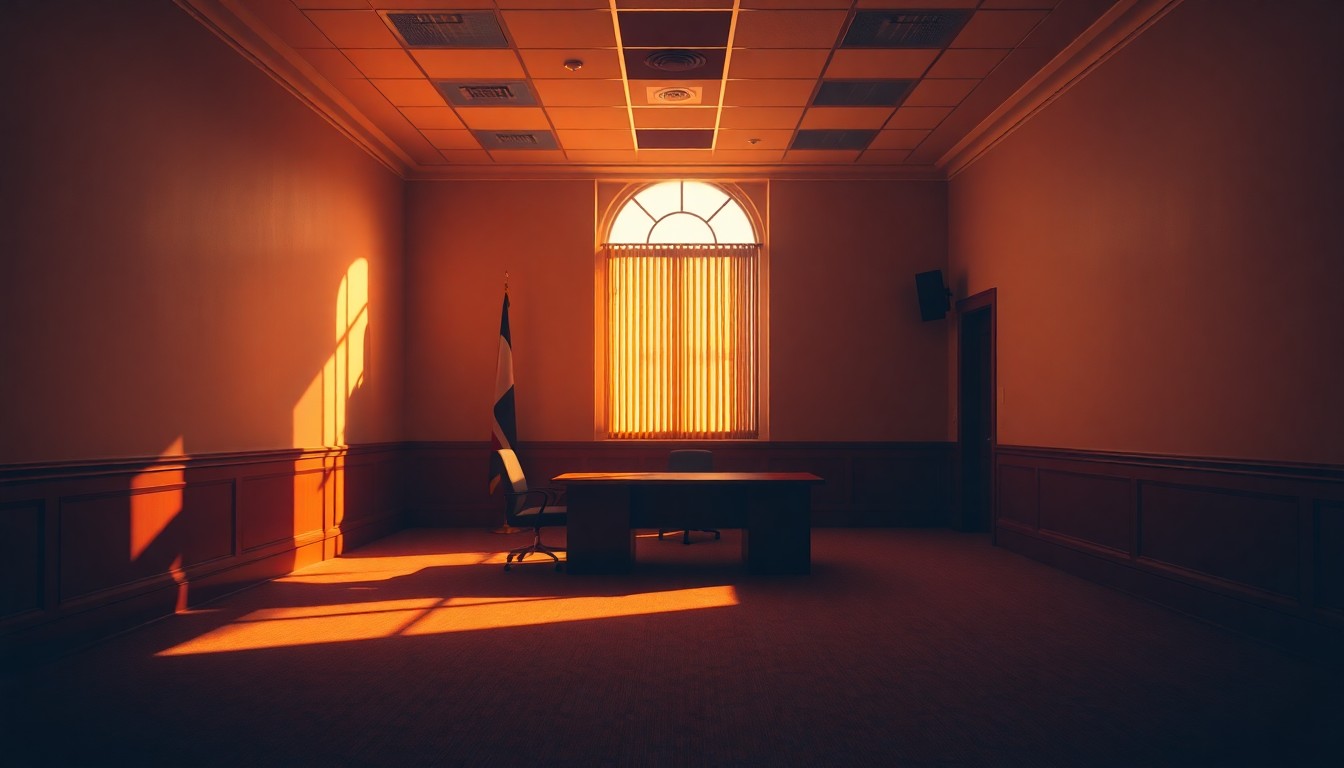 A dimly lit, cinematic painting of an empty government office space, with warm sunlight streaming in through the windows and deep shadows cast across the room, creating a sense of political uncertainty and unease.