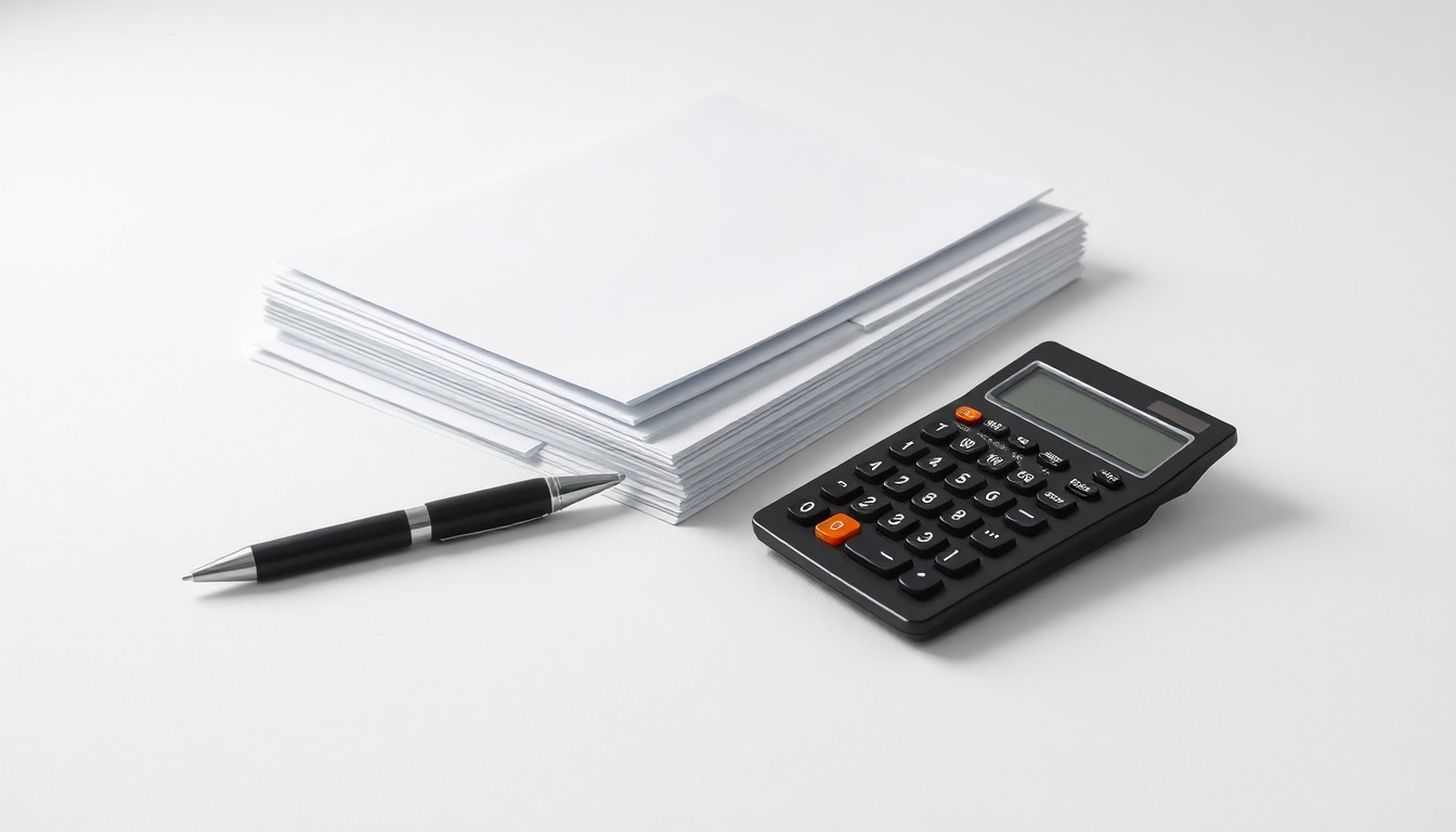 A high-end, photorealistic studio still-life photograph featuring a stack of business documents, a pen, and a calculator arranged elegantly on a clean, white seamless background, conceptually representing the abstract concepts of corporate strategy, finance, and risk.