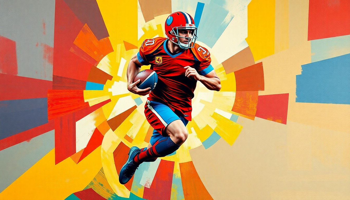 A cubist, geometric painting depicting a football player in motion, with sharp planes of red, blue, and gold colors overlapping to create a dynamic, fragmented visual representation of the sport.
