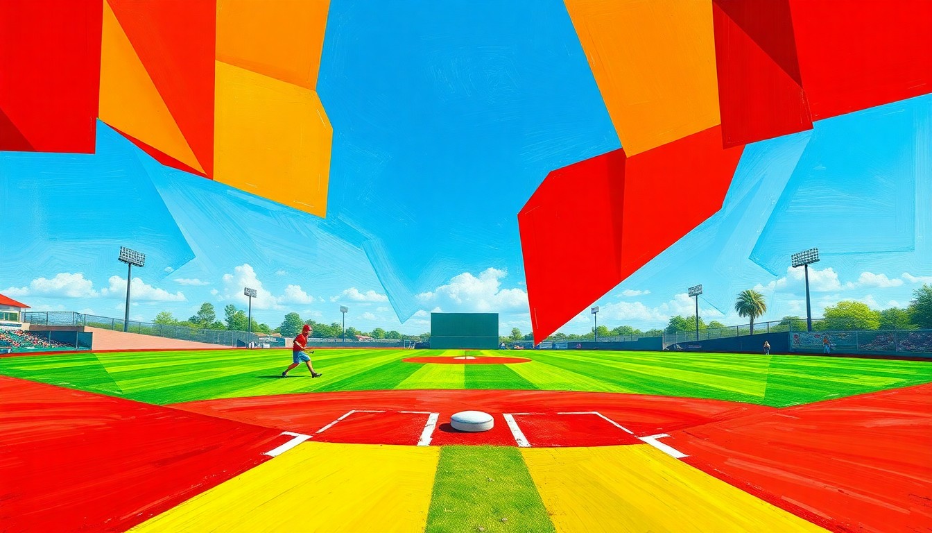 A cubist, geometric painting depicting a softball game, with the field, players, and action broken down into sharp, overlapping planes of color and shape.