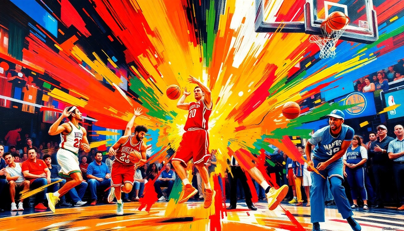 An abstract, expressionist painting in vibrant neon colors, featuring dynamic brushstrokes and shapes that evoke the excitement and energy of basketball during the NBA playoffs.