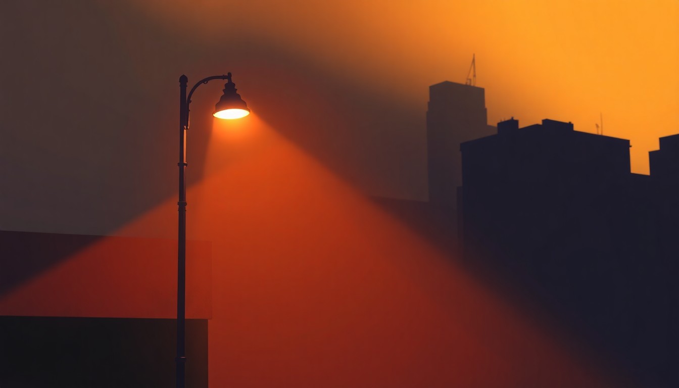 A photorealistic painting of a single streetlight pole standing alone on a city street, the warm glow of the light contrasting with the deep shadows cast by surrounding buildings, conveying a sense of urban isolation and the need for modernization.