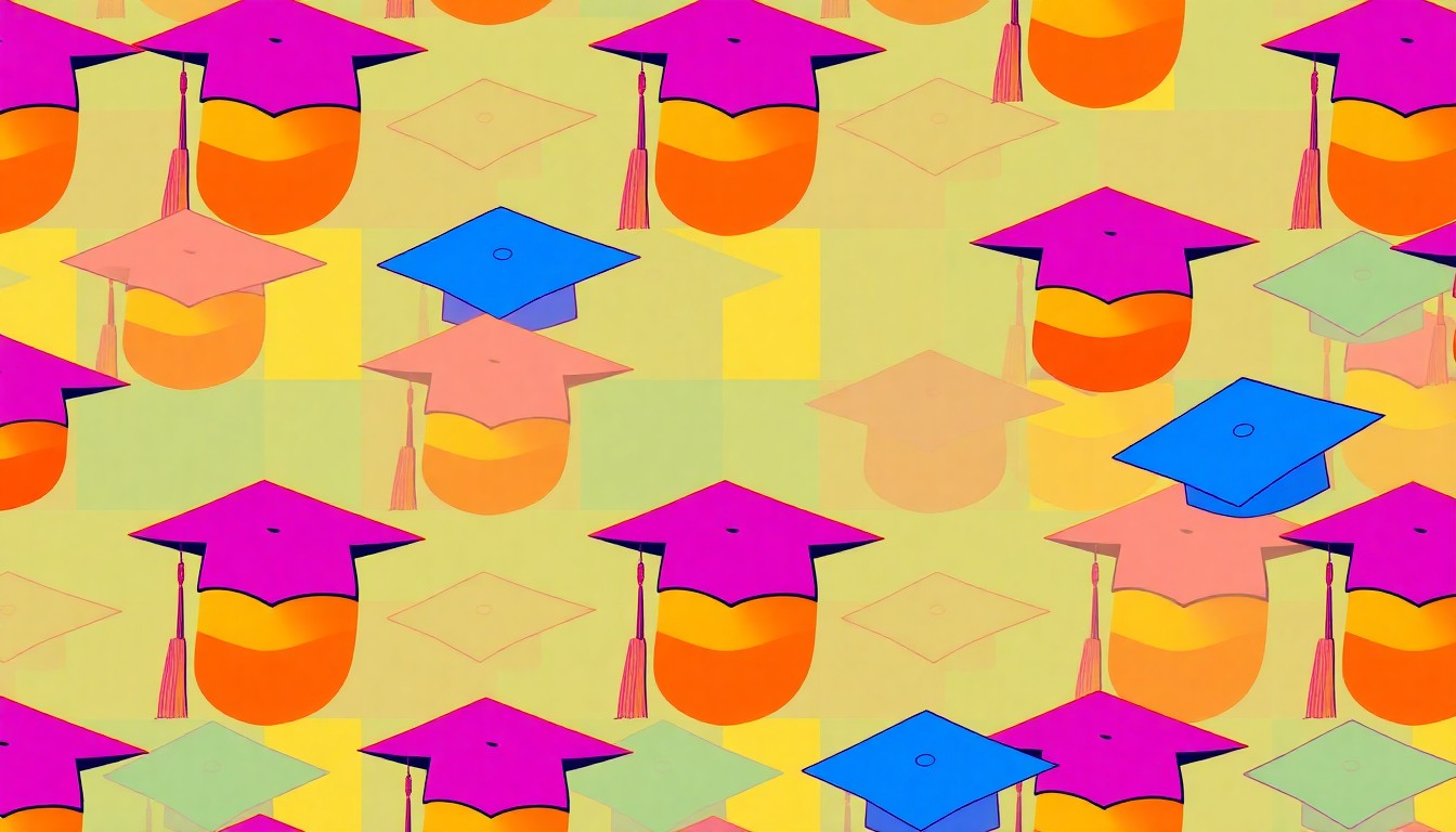 A brightly colored, high-contrast silkscreen print of a university graduation cap repeated in a tight grid pattern, in a bold, pop art style with vibrant neon colors and heavy black outlines, conceptually representing the financial and political pressures facing North Carolina's public universities.