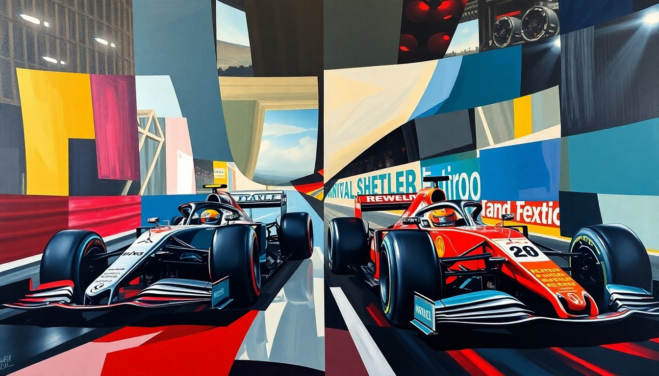 A cubist, geometric painting depicting a fractured, multi-perspective scene of a Formula 1 race, with the cars and drivers broken down into sharp, overlapping planes of color, representing the intense psychological dynamics between the two Mercedes teammates as they fight for the championship.