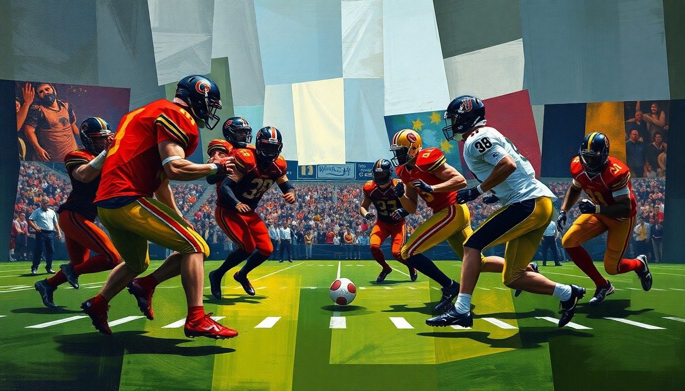 A cubist, geometric painting depicting the abstract forms of college football players and a ball on a field, with sharp, overlapping planes of color and shape.