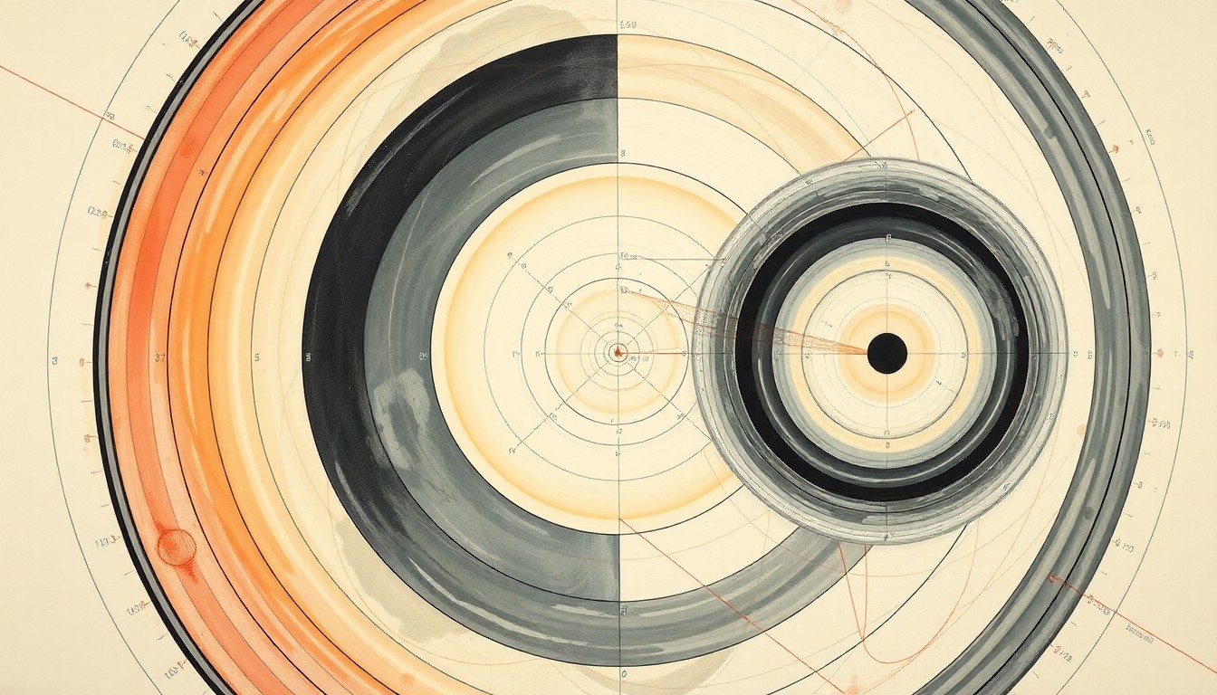 A highly structured abstract painting in soft, flat colors featuring sweeping geometric arcs, concentric circles, and precise spirals, conceptually representing the intricate systems and forces involved in the safe handling of hazardous materials in research environments.