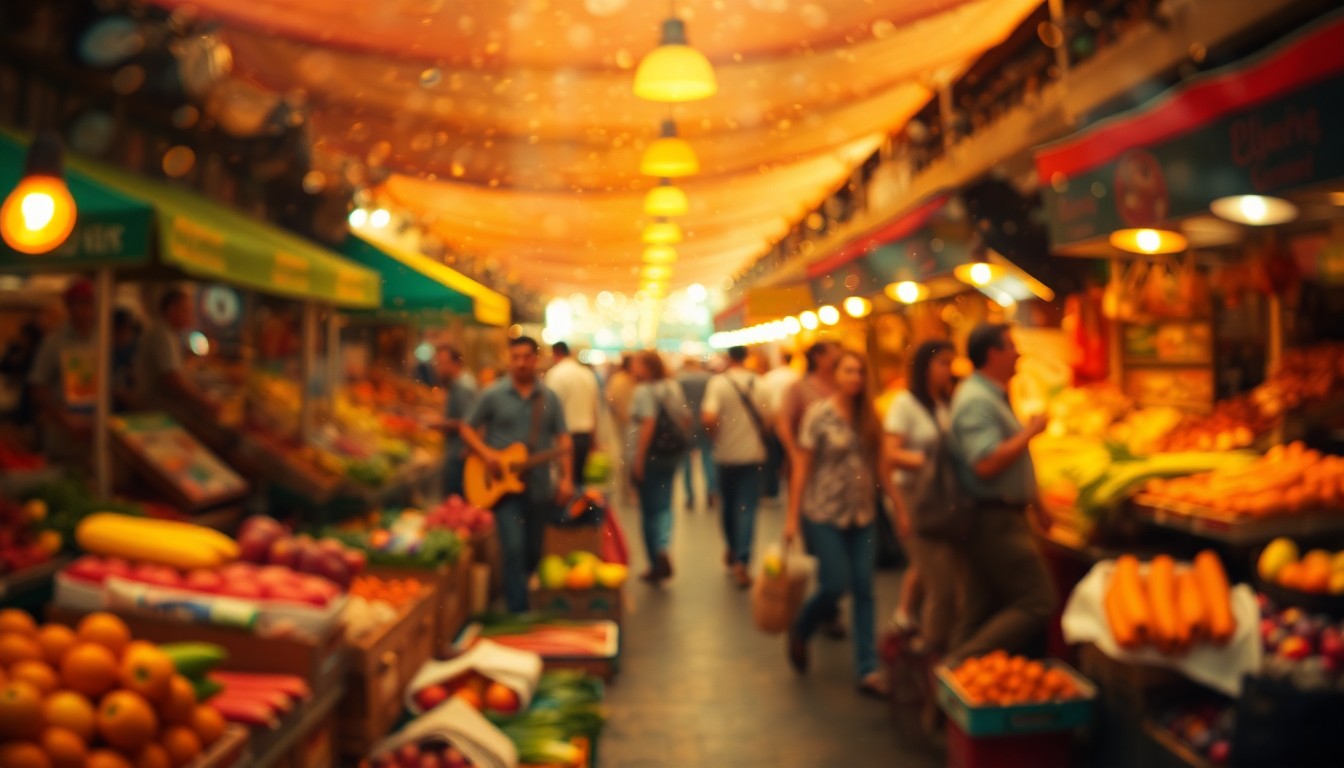An abstract, impressionistic scene of a bustling farmers market, with blurred figures, colorful produce, and live music, all bathed in a warm, soft glow, conveying the energy and community spirit of this beloved local tradition.