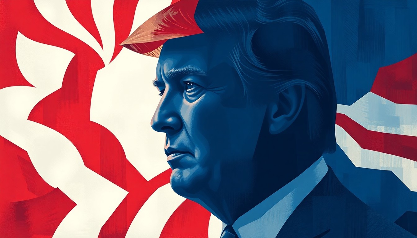 A dynamic, abstract painting featuring overlapping geometric shapes and brushstrokes in shades of red, white, and blue, conveying the fractured and divisive nature of partisan politics.