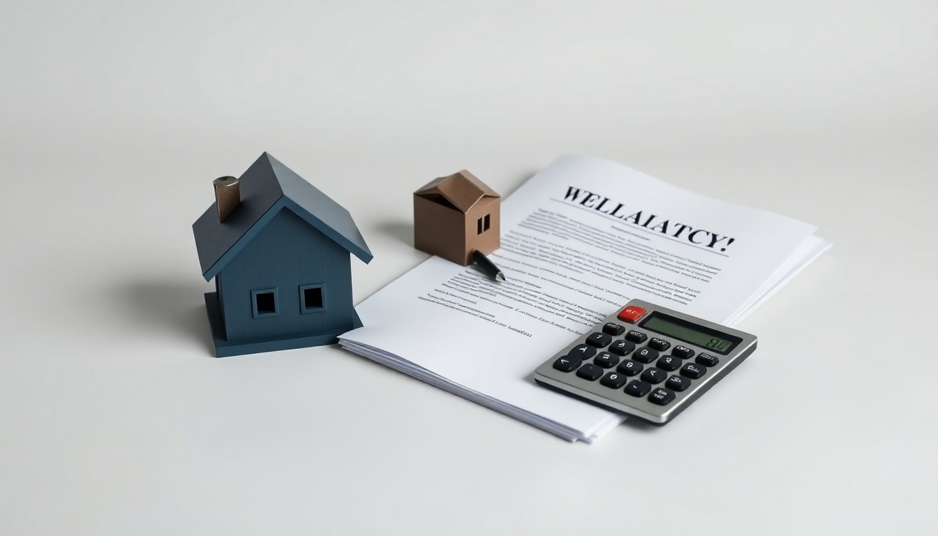 A photorealistic studio still life featuring a stack of legal documents, a calculator, and a house-shaped paperweight on a clean, monochromatic background, symbolizing the complex financial and legal issues surrounding home equity investment agreements.