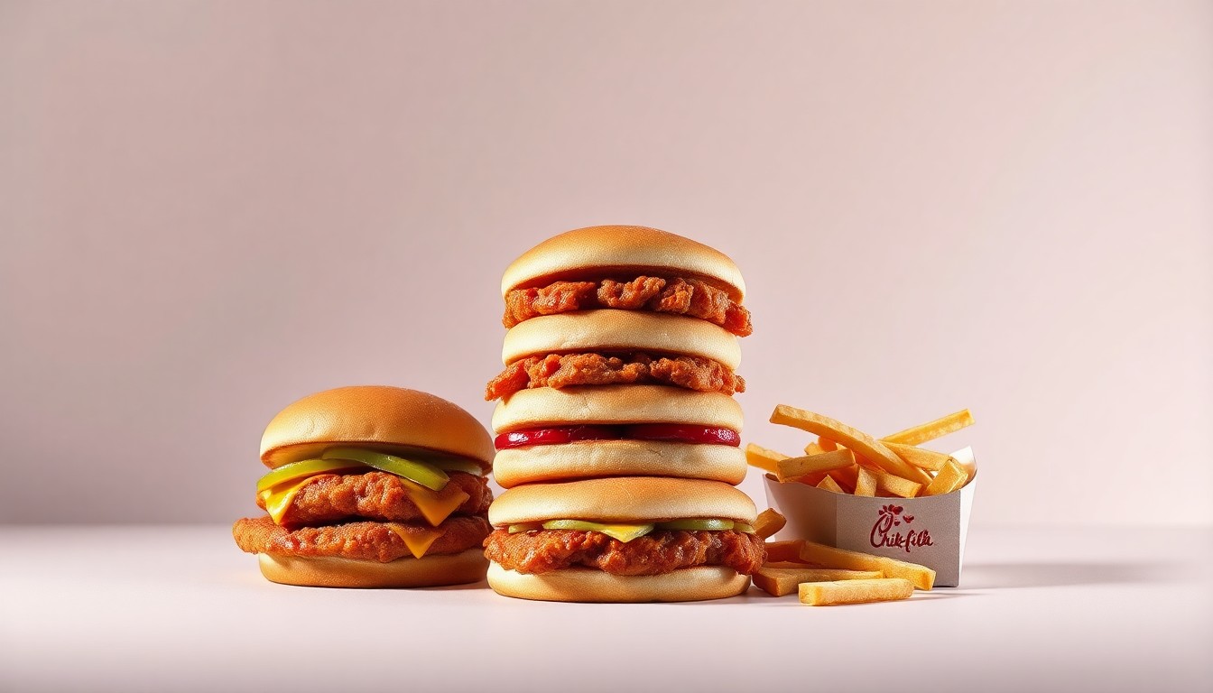 A high-end, photorealistic studio still-life photograph featuring a stack of Chick-fil-A chicken sandwiches and waffle fries arranged elegantly on a clean, monochromatic background, conceptually representing the premium quality and iconic branding of the popular fast-food chain.