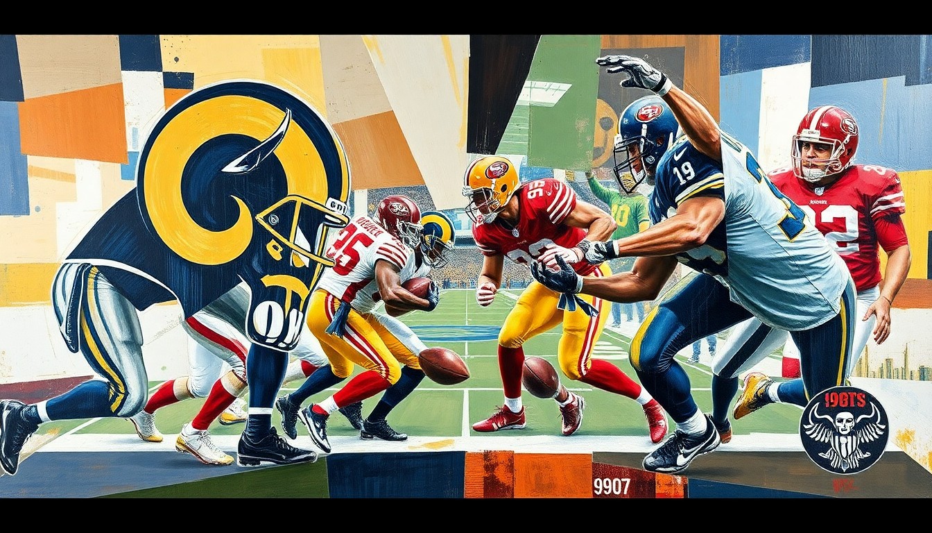 A cubist, multi-perspective painting featuring sharp, overlapping geometric shapes in the team colors of the Los Angeles Rams and San Francisco 49ers, conceptually representing the divided fan loyalties at SoFi Stadium as the Rams face their NFC West rivals.