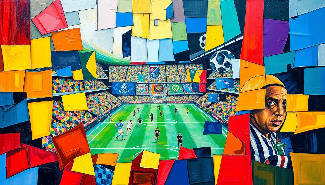 A fragmented, geometric painting featuring overlapping shapes and planes in the official colors of the 30 MLS teams, conceptually representing the multifaceted nature of the league.