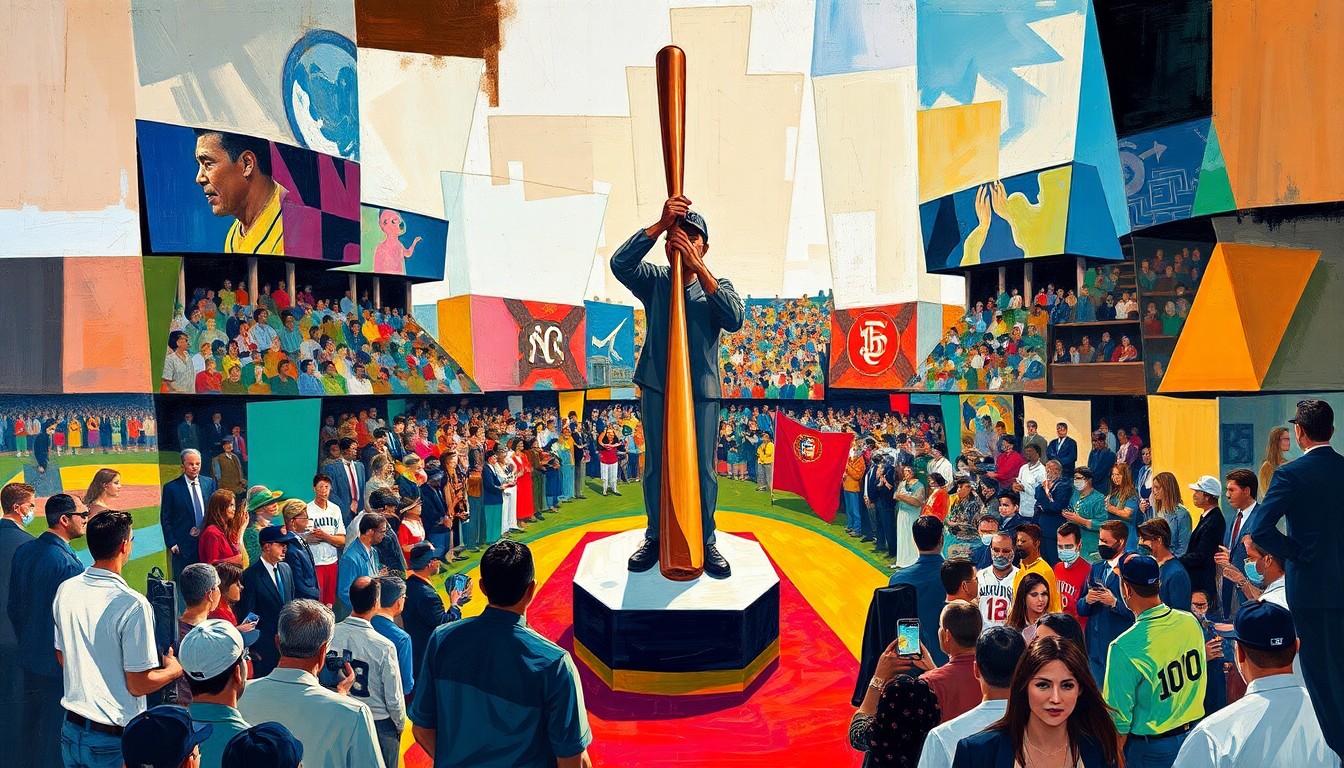 A fractured, multi-perspective painting in the style of Pablo Picasso, depicting the Ichiro statue unveiling ceremony. The bent bat is the central focus, surrounded by abstract shapes and colors representing the crowd and the ceremony backdrop.