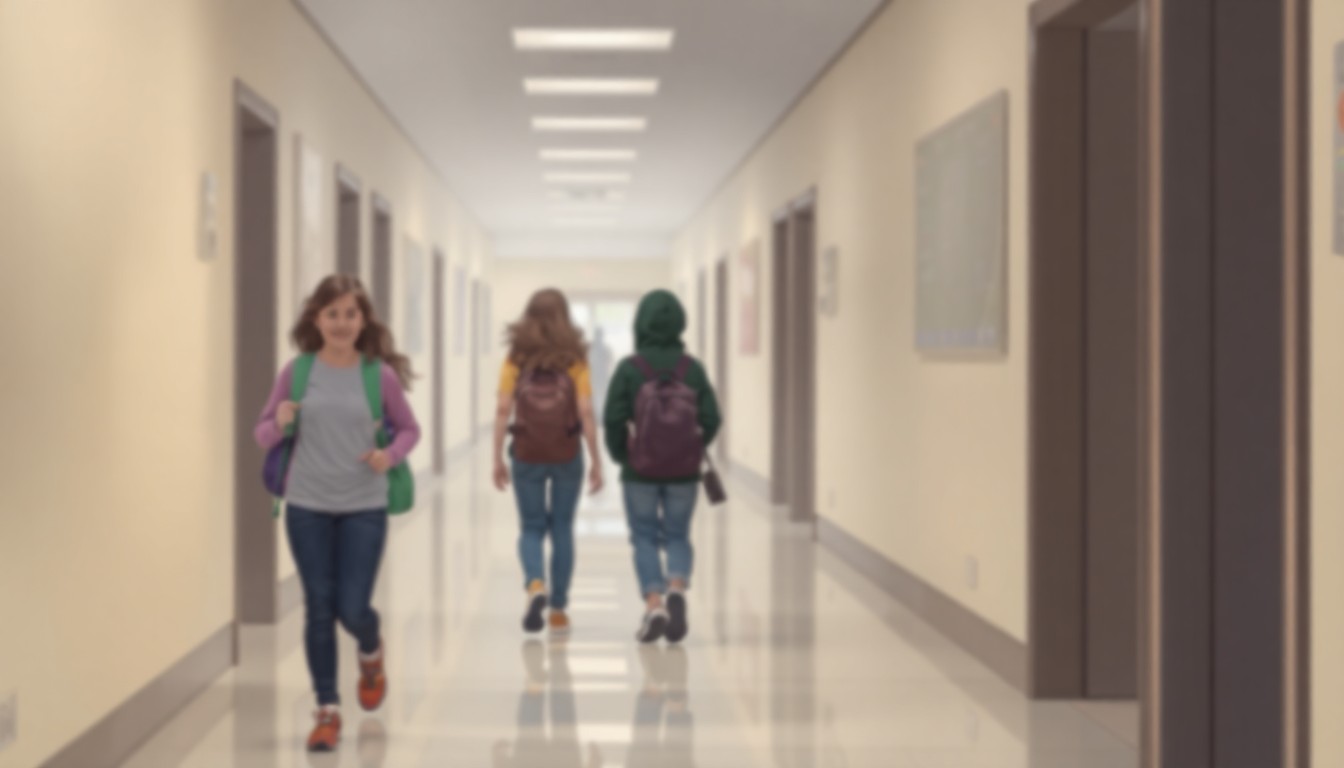 An abstract, impressionistic scene of blurred student figures moving through a softly lit school hallway, evoking the emotional impact of reduced mental health resources in the district.