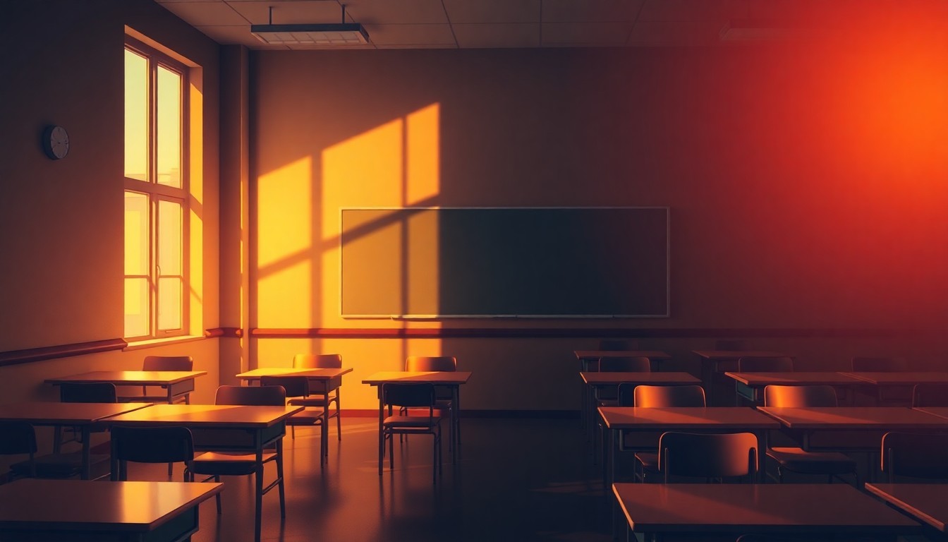 A serene, cinematic painting of an empty classroom with desks and chairs, the space bathed in warm, diagonal sunlight and deep shadows, conceptually representing the debate over religious literature in public schools.
