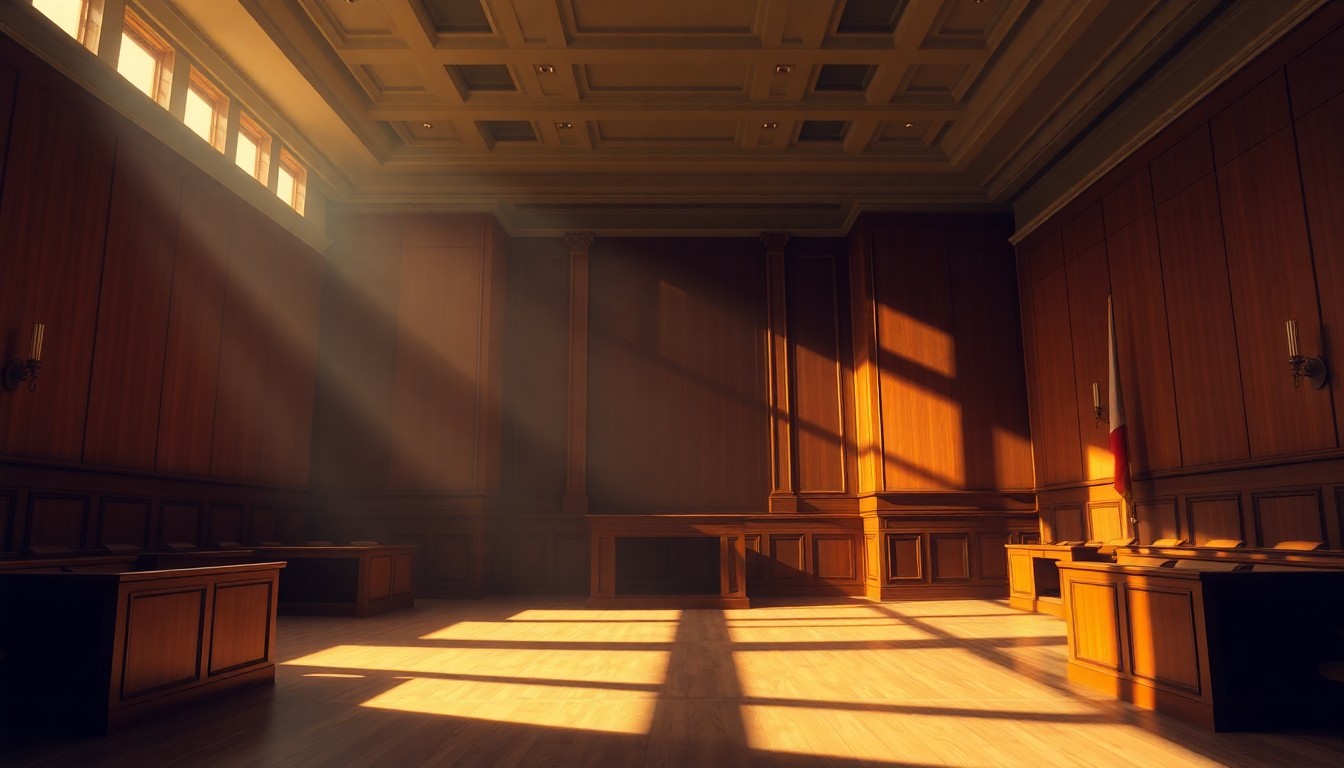 A dimly lit, empty courtroom with warm sunlight streaming through the windows, creating a sense of solemnity and unresolved tension around the Epstein case.