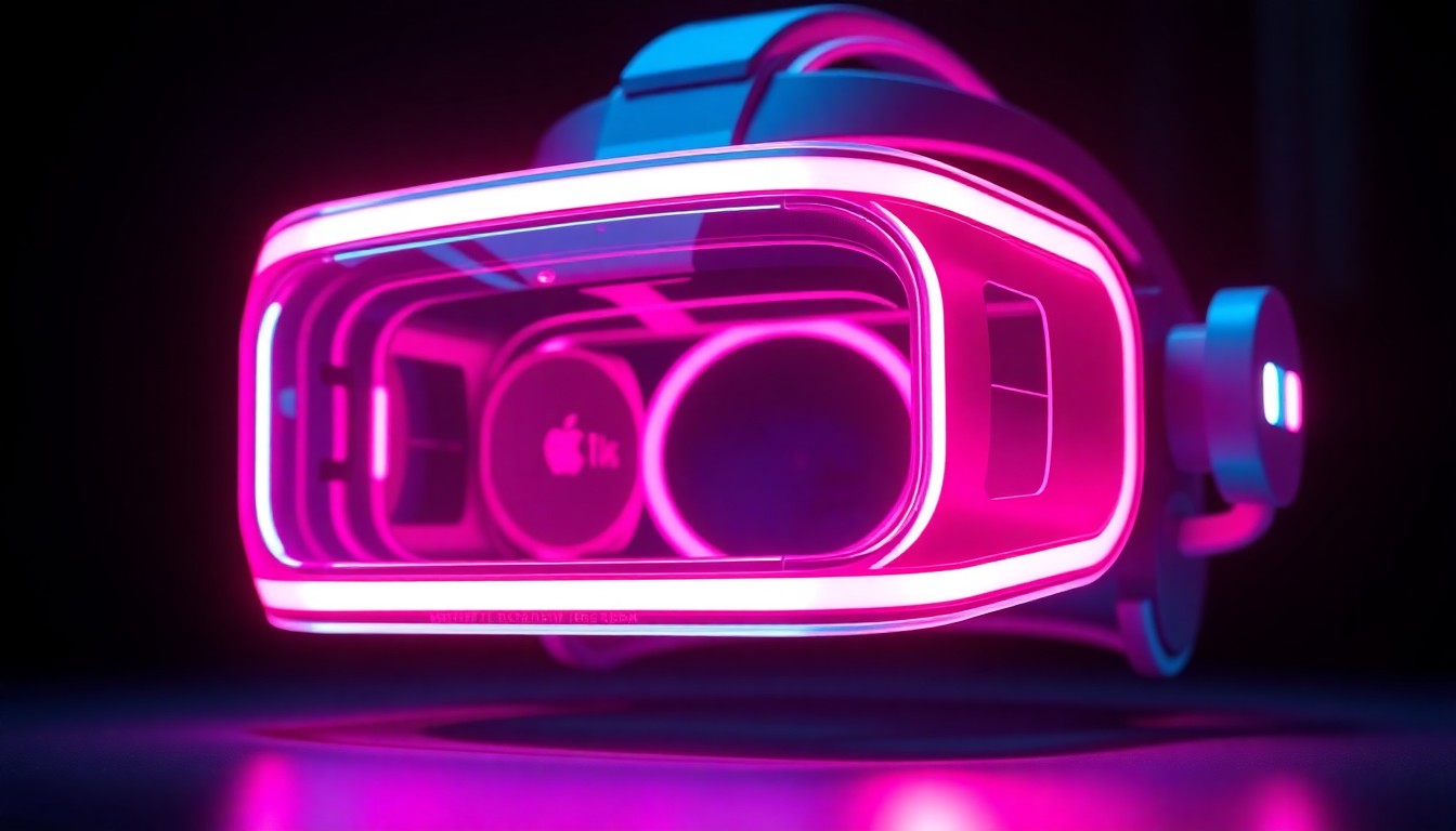A highly detailed, glowing 3D illustration of an Apple Vision Pro headset, with intricate cybernetic components and neon lighting, conceptually representing the complex technology and engineering behind this ambitious new product.