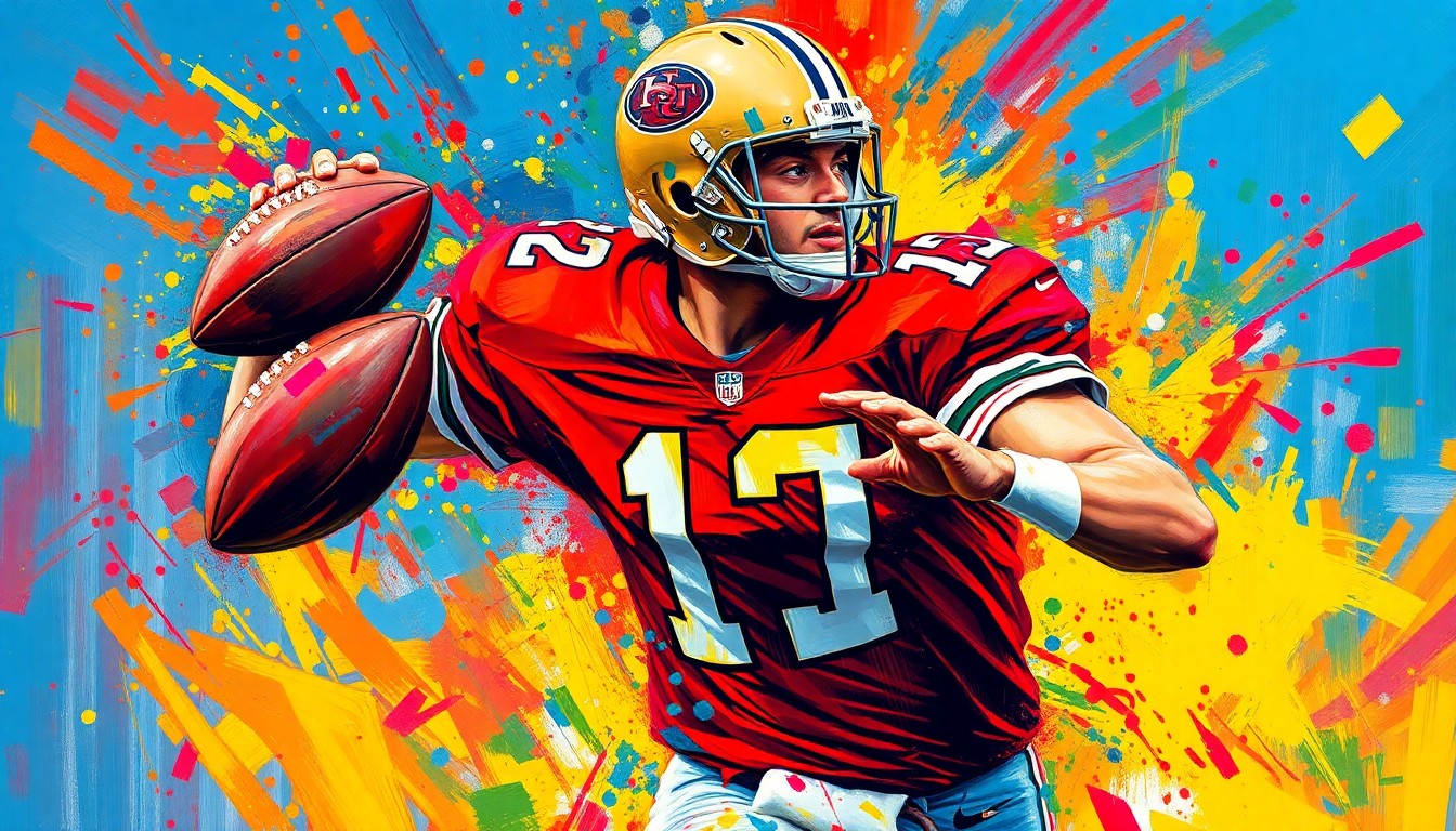 An abstract, energetic painting featuring bold brushstrokes of neon colors that evoke the dynamic movement and raw athleticism of a quarterback in action, with the player's features and uniform dissolving into a vibrant, expressionist composition.