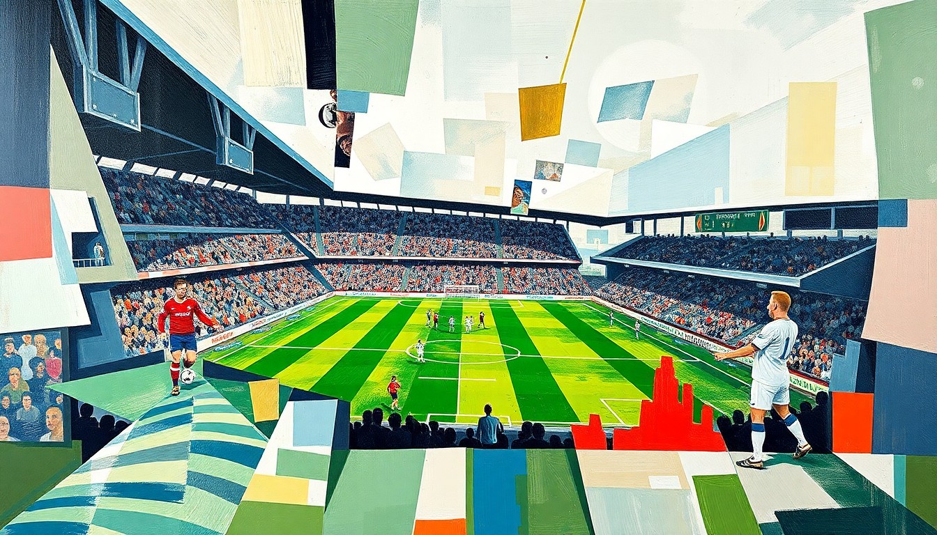 A cubist, geometric painting depicting a football match, with overlapping planes of color and form representing the dynamic action on the pitch.