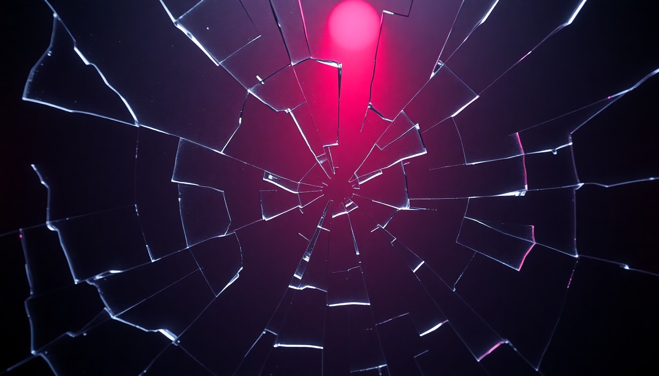 An extreme, abstract close-up photograph of shattered glass reflecting a faint red light, conceptually representing the tension and uncertainty surrounding the contractual changes for the Days of Our Lives actors.