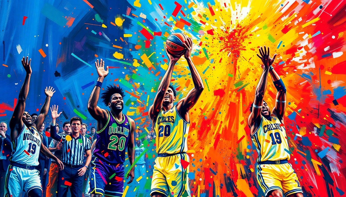An abstract, energetic painting in neon colors featuring blurred, expressive figures representing basketball players, fans, and the celebratory atmosphere of a championship parade.