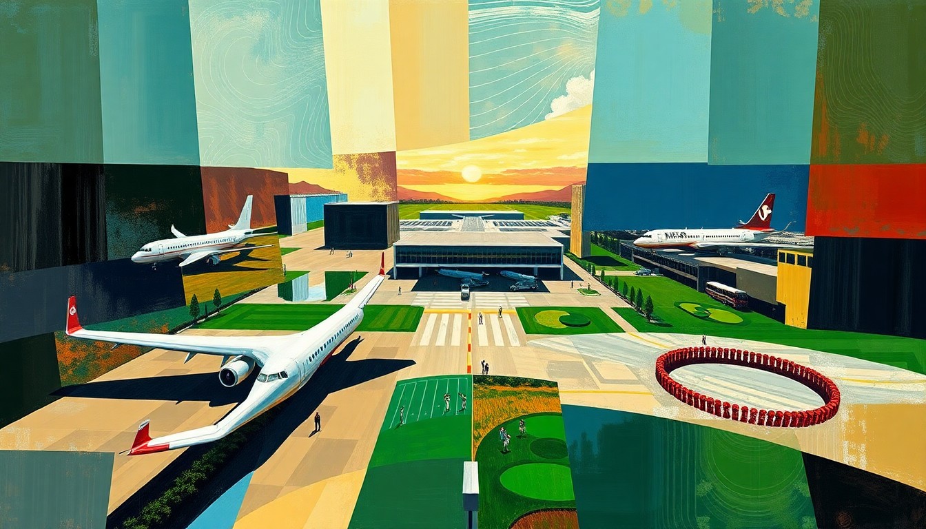 A cubist, geometric painting depicting the overlapping shapes and planes of private jets, an airport runway, and a golf course, capturing the chaotic energy and elite nature of The Masters tournament.