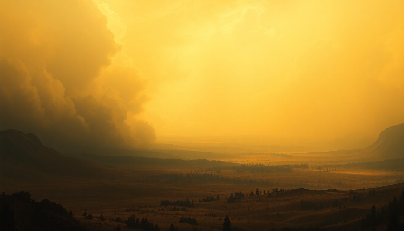 A sweeping, atmospheric landscape painting in muted earth tones, with billowing clouds obscuring the details of the land and creating a sense of foreboding and the sublime power of nature.