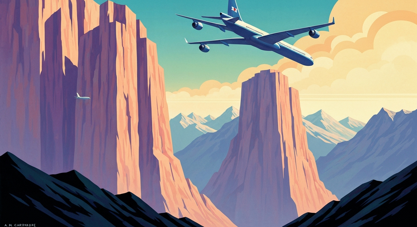 A highly stylized, geometric illustration depicting the sweeping, mountainous terrain of Southeast Alaska, with the sleek, streamlined form of an aircraft soaring through the sky, conveying the grand scale and technical sophistication of modern air travel.
