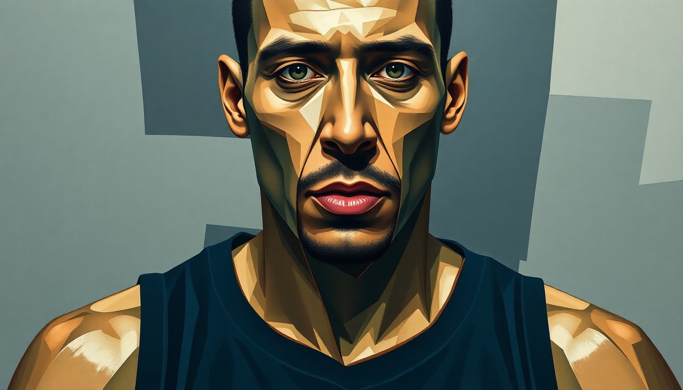 A cubist-style painting depicting a basketball player's face and upper body broken into sharp, overlapping geometric planes in muted navy, slate gray, and olive green tones, conveying the physical demands of the sport.
