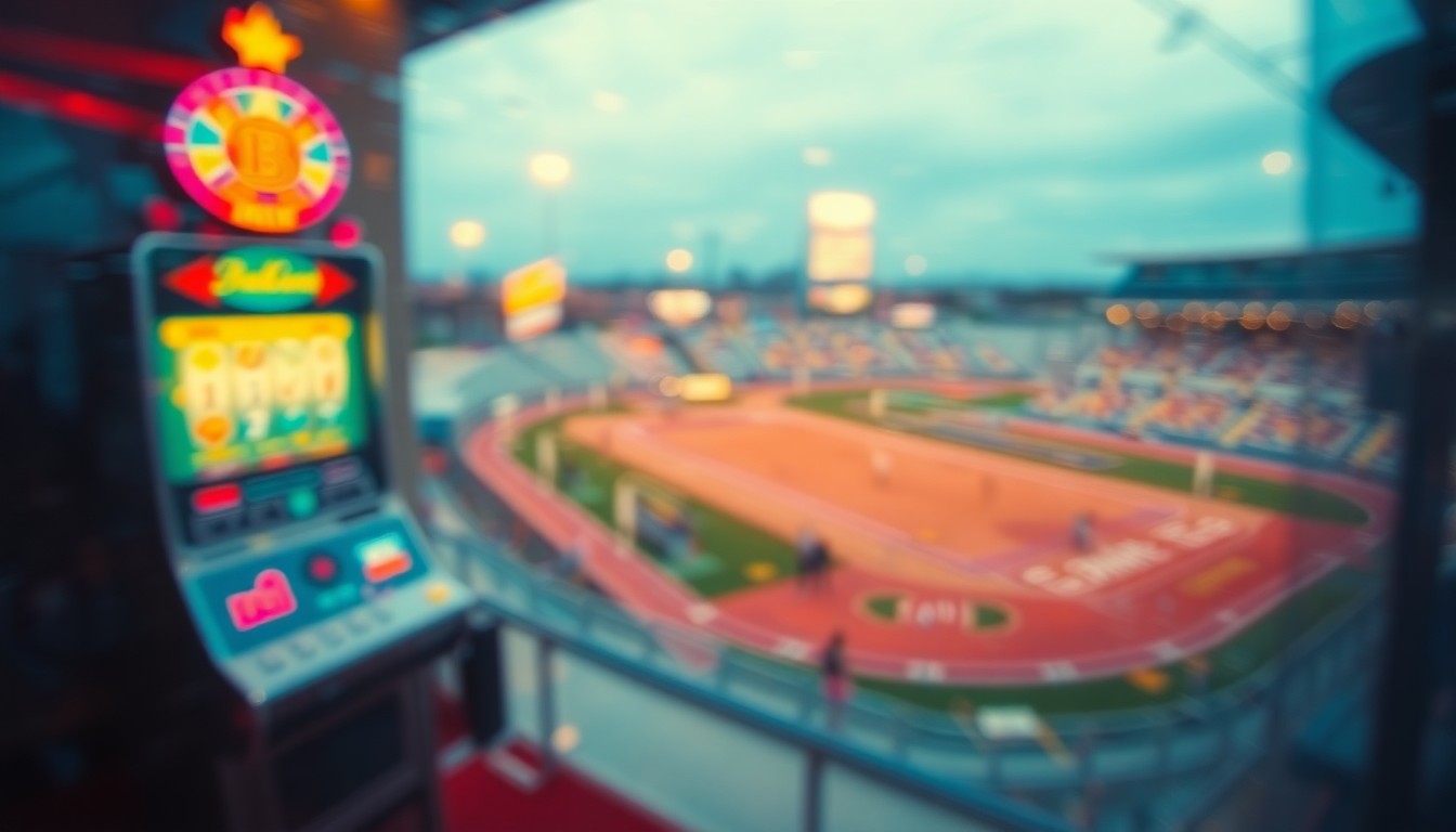 An extremely blurred and abstracted image composed of hazy, overlapping shapes and colors representing a casino slot machine, a racetrack, and a baseball stadium, conveying the joyful and nostalgic essence of Roy Ravagnie's lifestyle.