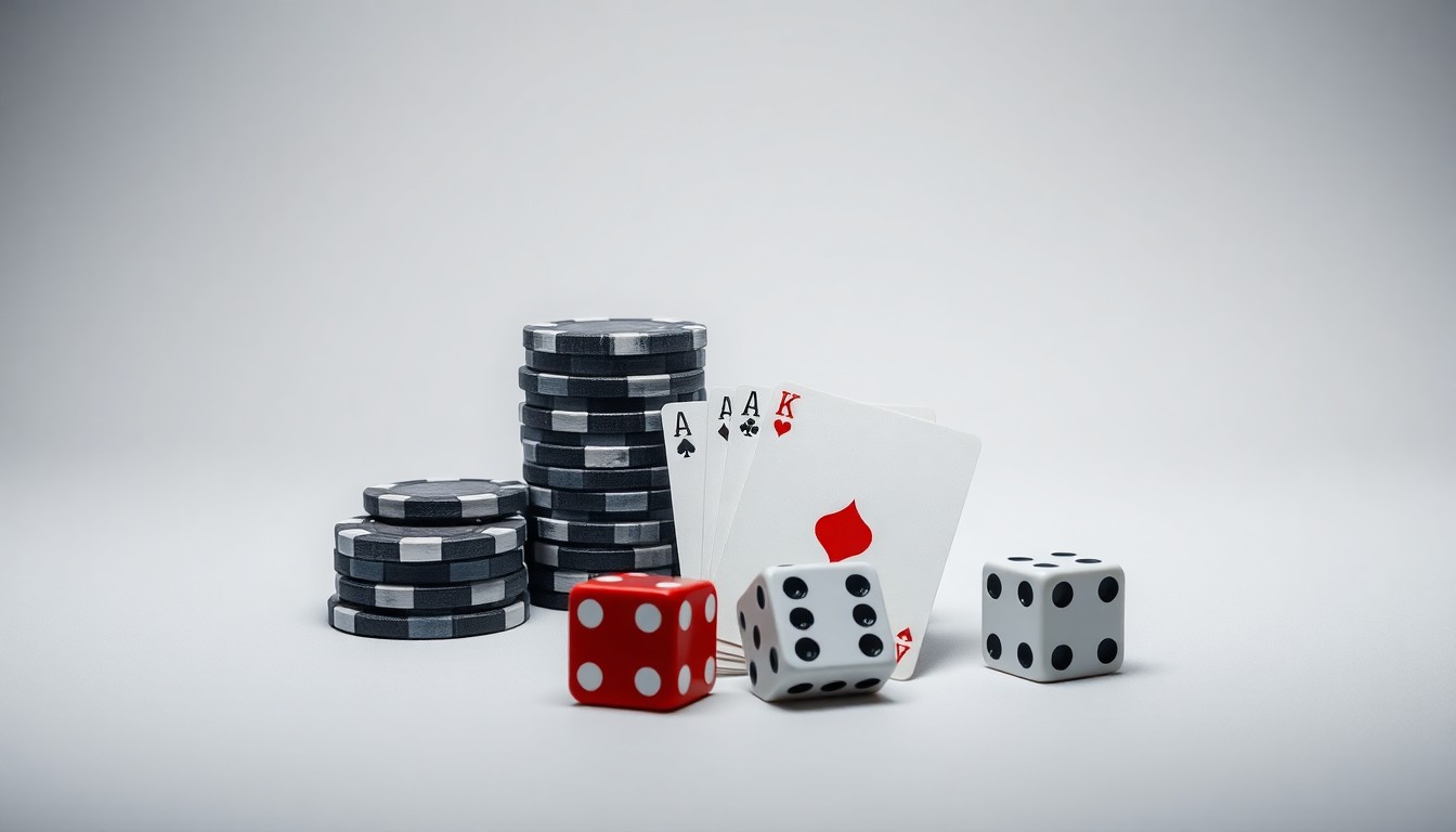 A photorealistic studio still life featuring a stack of poker chips, a deck of cards, and a pair of dice arranged elegantly on a clean, monochromatic background, conceptually representing the legal and regulatory challenges facing the gambling industry.