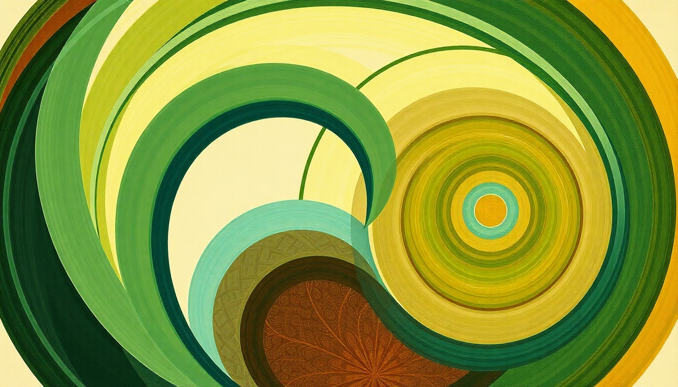 A vibrant, abstract painting featuring sweeping geometric shapes and organic botanical forms in earthy tones of green, brown, and blue, conceptually representing the interconnected ecosystems and conservation efforts of the Denver Zoo.