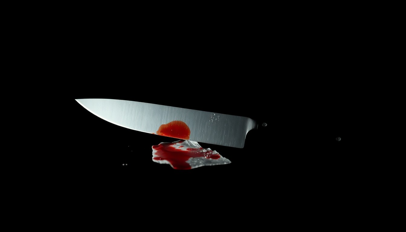 An extreme close-up photograph of a single piece of crime scene evidence, such as a knife or bloodied cloth, lit by a harsh, direct camera flash against a pitch-black background, conceptually representing the investigative work behind the arrest of a murder suspect.