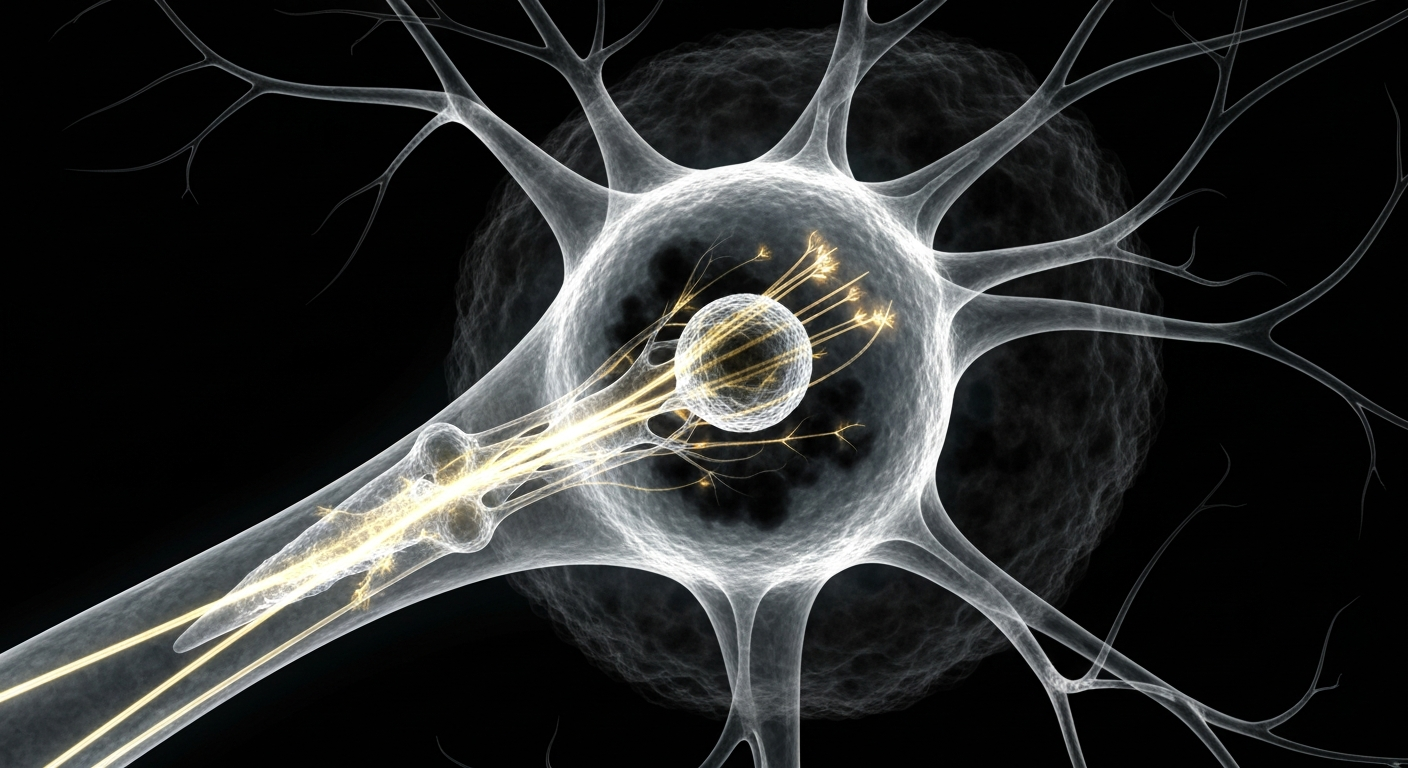 A highly detailed, translucent X-ray-style photograph showing the intricate internal structure of a neuron, with glowing ghostly lines representing the cellular transport system partially obscured by a dense, shadowy mass symbolizing Parkinson's-related Lewy bodies, conveying the complex interplay between proteins that can disrupt or restore normal cellular function.