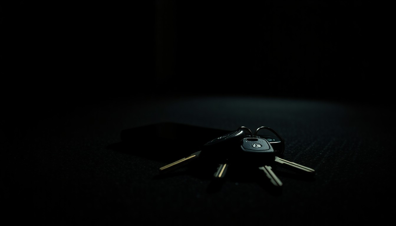 An extreme close-up photograph of a discarded cell phone and car keys on a porch, lit by a harsh, direct camera flash against a pitch-black background, creating a stark, gritty, investigative aesthetic.