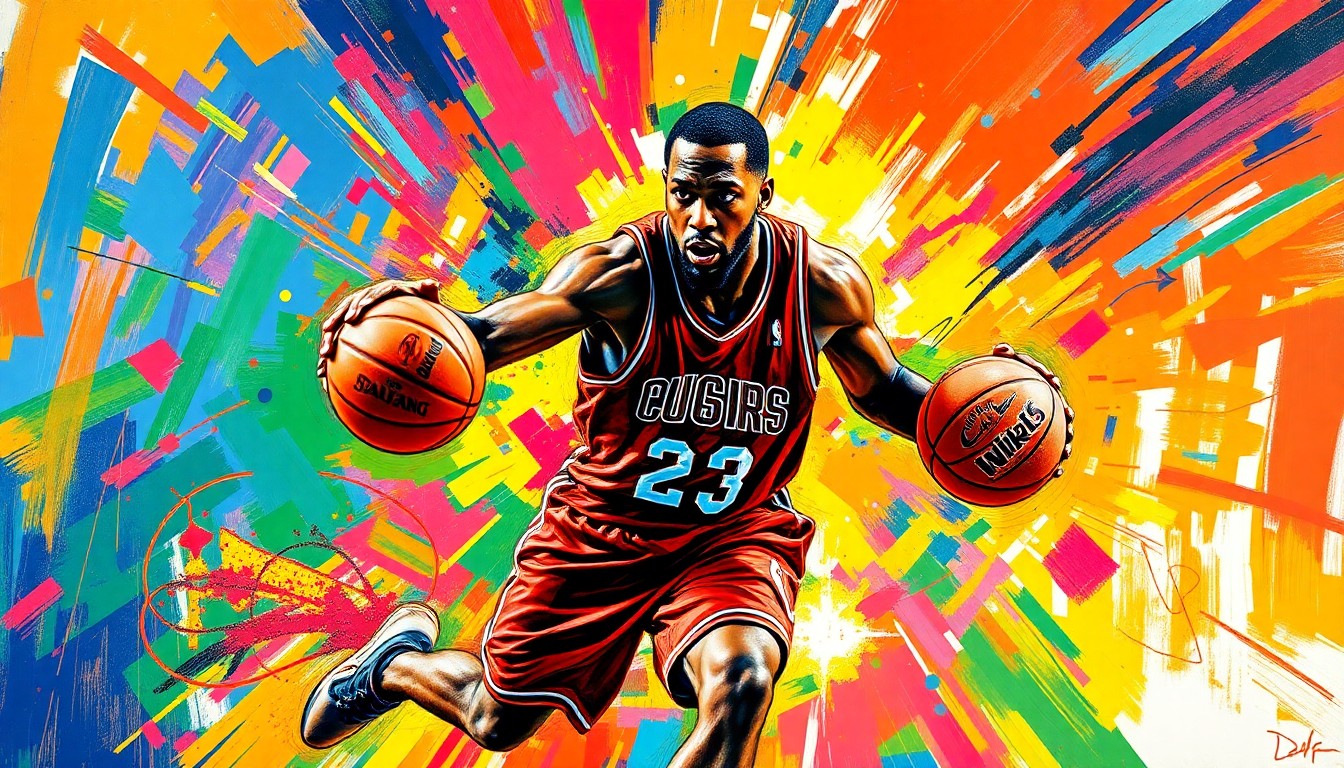 An abstract, energetic painting in neon colors depicting the dynamic movement and athleticism of a basketball player, conceptually representing the groundbreaking achievement of Jackie Young's million-dollar WNBA contract.