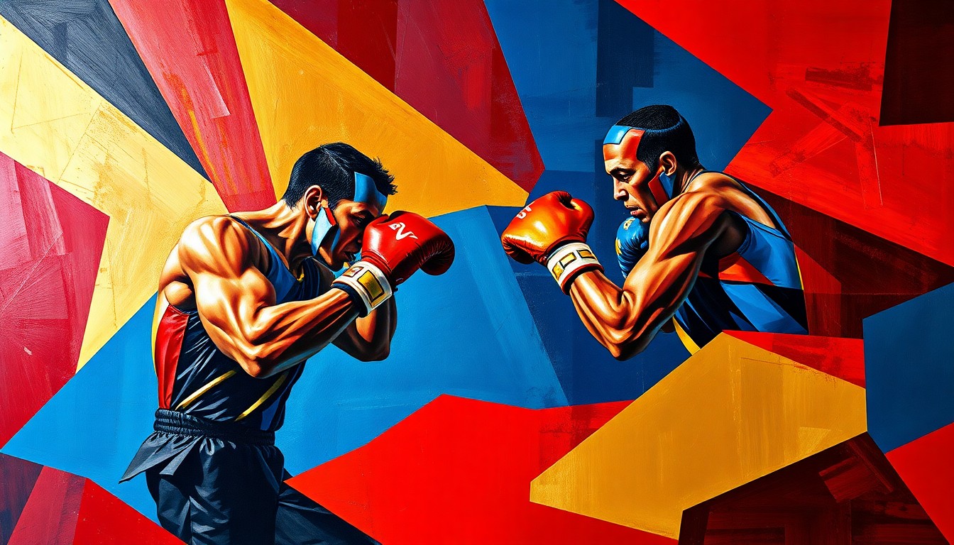 A fractured, geometric painting in vibrant colors depicting a boxer in motion, with sharp planes and overlapping perspectives conveying the dynamism of the sport.