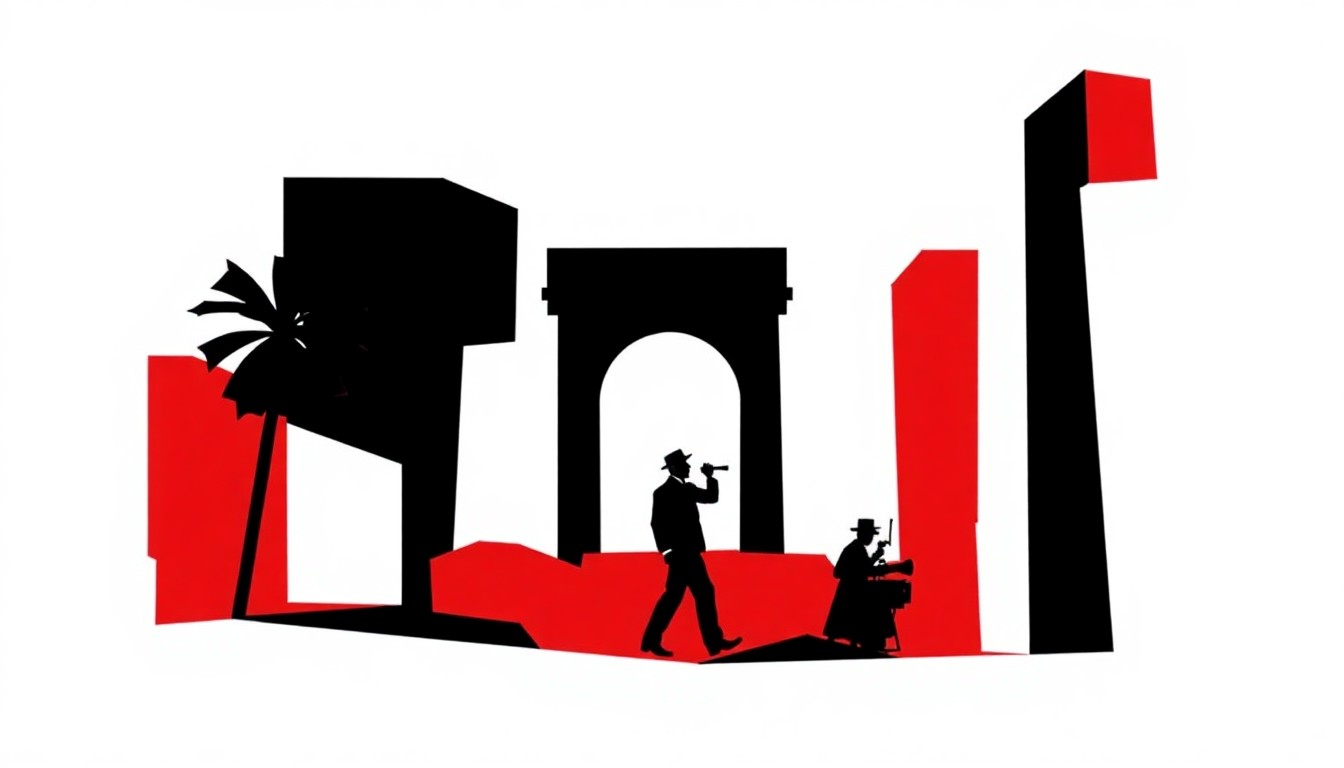 A striking, abstract composition featuring bold, jagged shapes and high-contrast colors, capturing the essence of the Golden Age of Hollywood without any literal depictions.