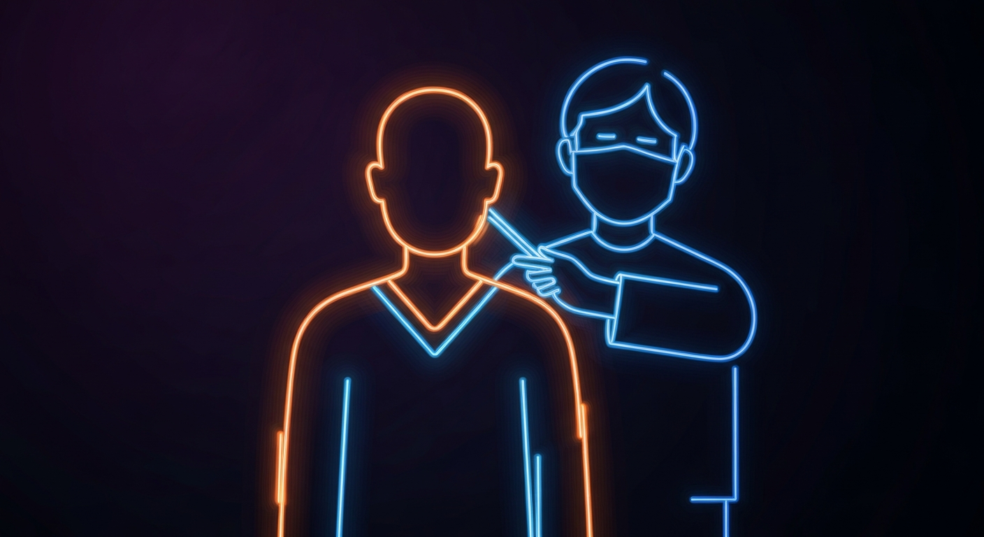 A minimalist design in the style of Keith Haring, with a glowing neon outline of a person receiving a medical checkup, conveying the urgency and energy of the underground healthcare network in Minneapolis.