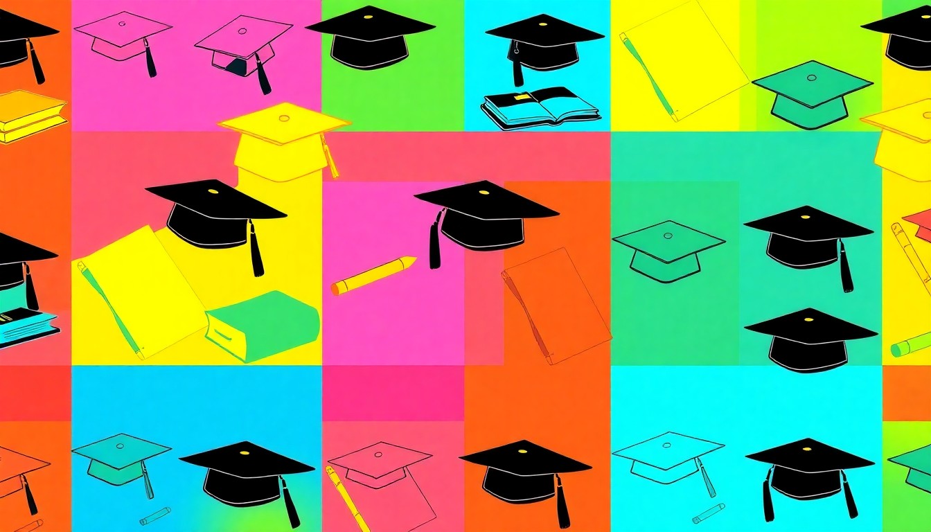 A high-contrast silkscreen print of a graduation cap repeated in a grid pattern, rendered in vibrant neon colors, conceptually representing the inequity in the education system.