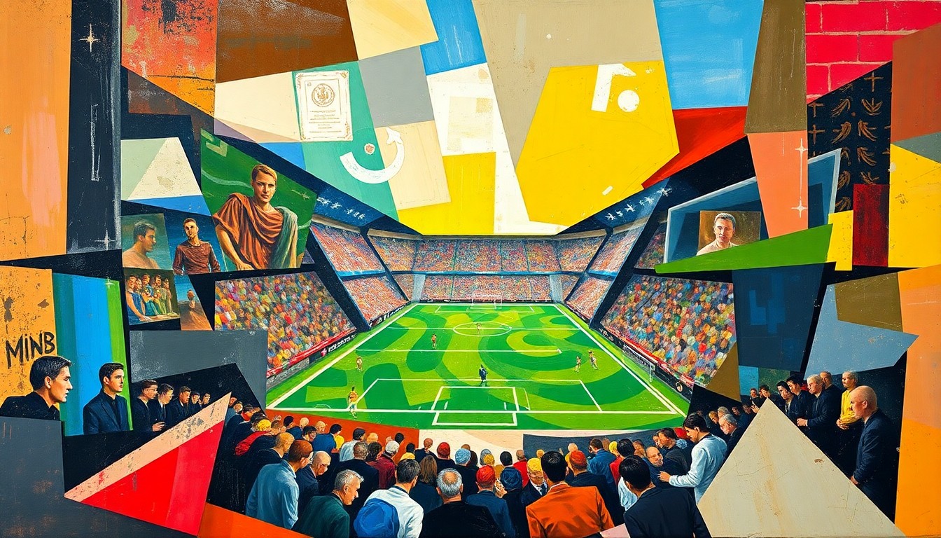 A cubist-style painting depicting a fragmented, geometric representation of a football game or match, with sharp, overlapping shapes and planes of color capturing the dynamic energy and movement of the sport.